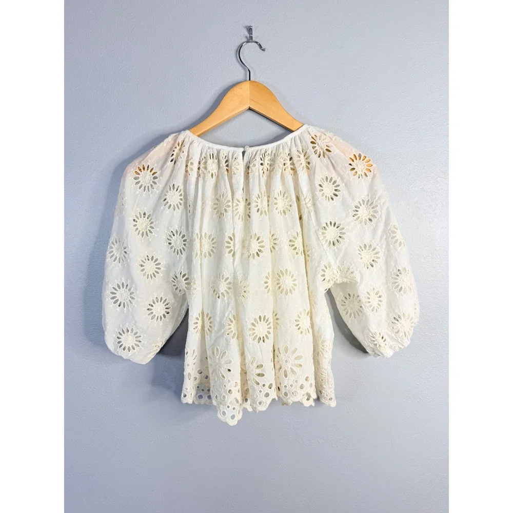 Madewell Embroidered Shirred Puff-Sleeve Top‎ Floral Eyelet XXS NWT